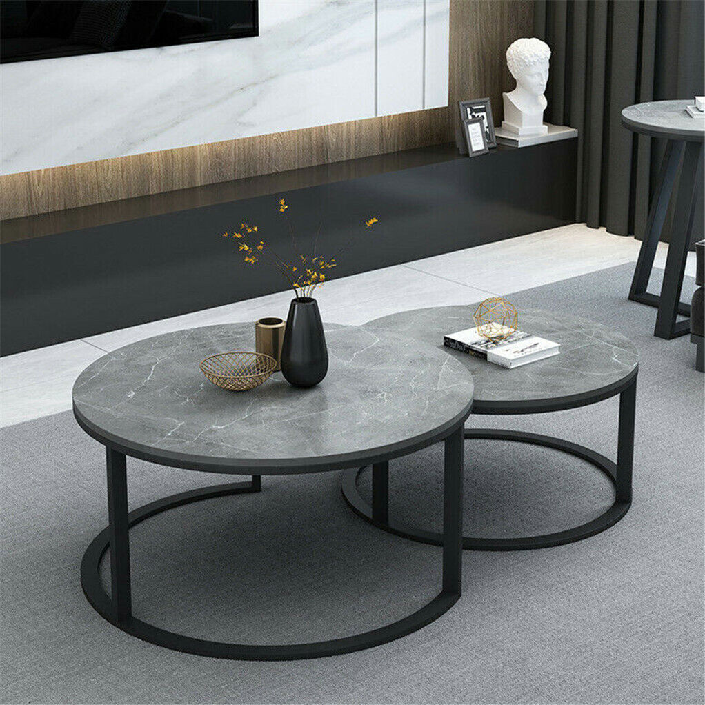 Set of 2 Real Marble Round Nesting Coffee Table Grey Side End Table Accent Table