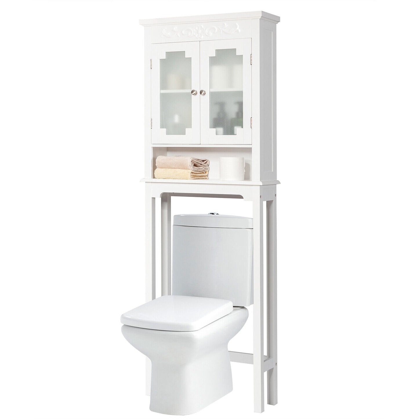 Over The Toilet Bathroom Space Saver Carved Top Toilet Rack w/ Adjustable Shelf