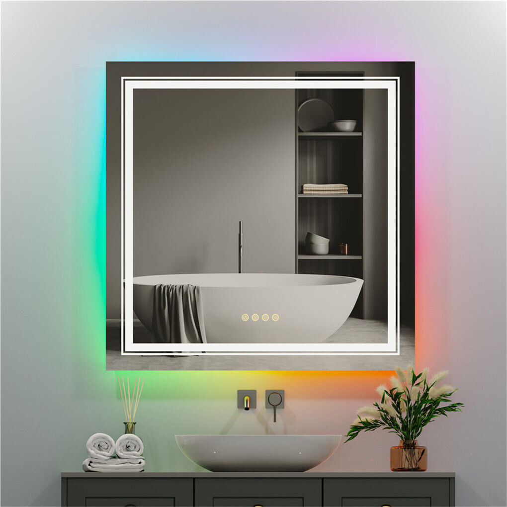 RGB Super Bright LED Bathroom Mirror Square Anti-Fog Dimmable Vanity Mirror 80CM