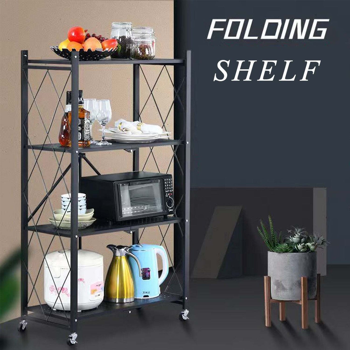 Foldable metal shelf with wheels