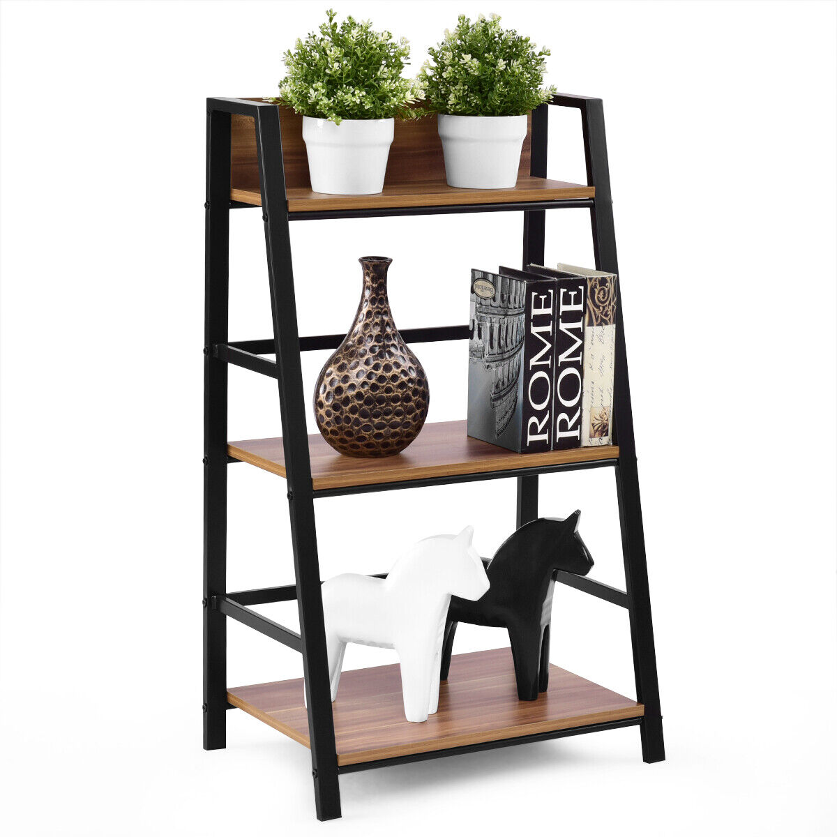 3 Tier Ladder Storage Book Shelf Wall Bookcase Bundle Modern Floor Decor