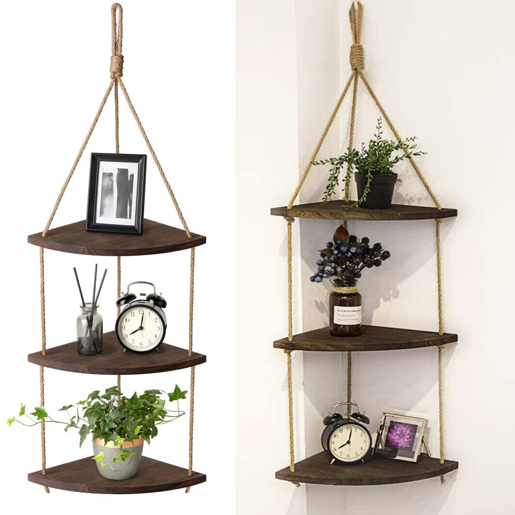 Wooden Rope Hanging Corner Wall Shelves with Storage Organizer