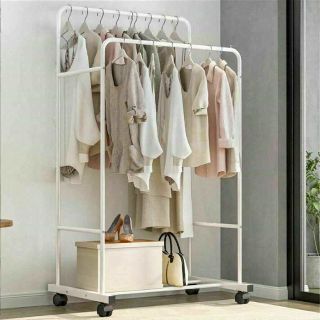 Heavy Duty Double Clothes Rail Rack Garment Hanging Display Stand 4 Wheel Armoir