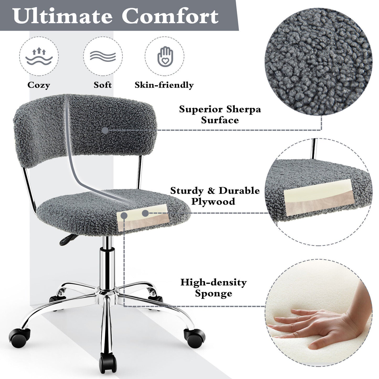 Office Chair Adjustable Swivel Vanity Chair Computer Desk Sherpa Chair