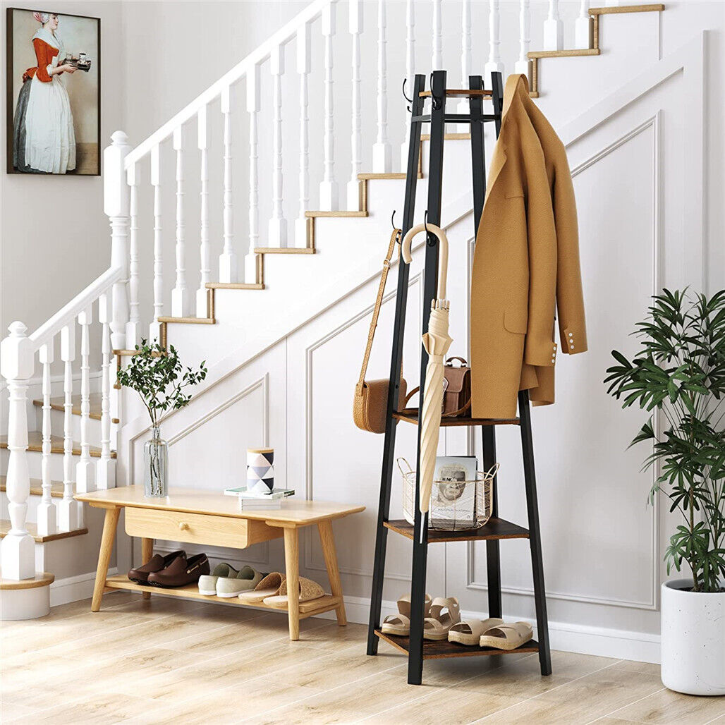 Hall Tree Entryway Tower Coat Rack Stand with Storage Shelf 8 Hook Clothes Rail