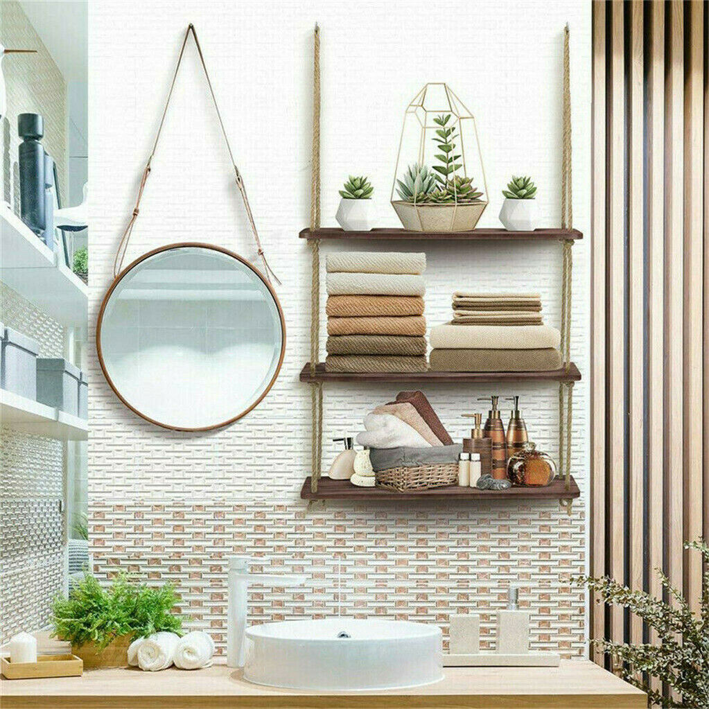 3Tier Distressed Wood Swing Storage Shelve Jute Rope Wall Hanging Organizer Rack