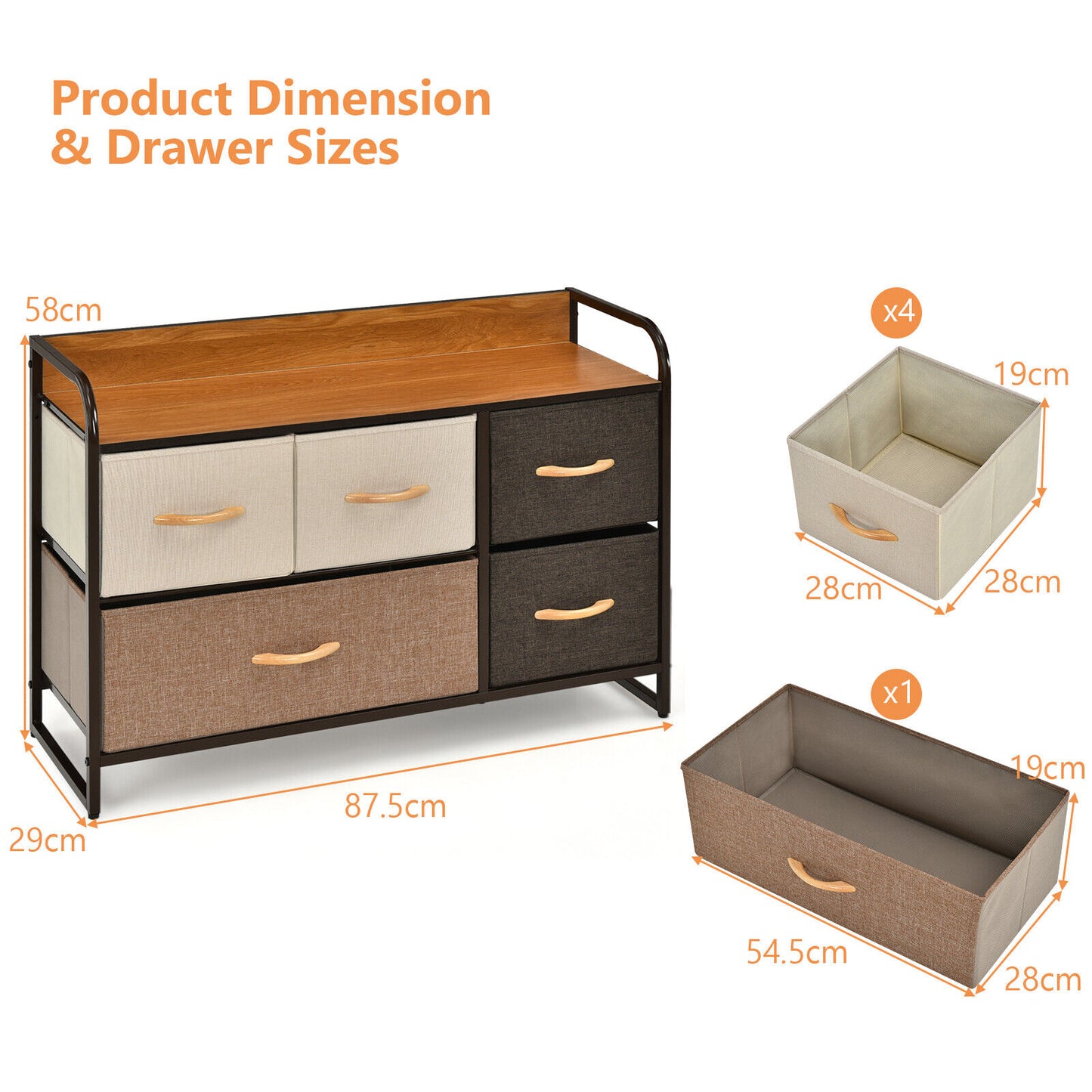 5-Drawer Dresser Storage 2-Tier Organizer Tower Steel Frame Wooden Top