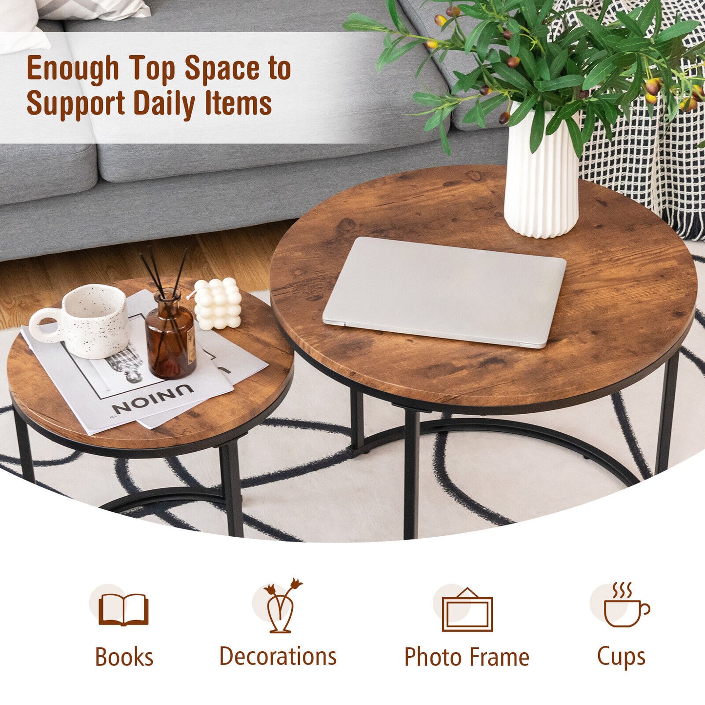 Fine Store - Set of 2 Wooden Brown Round Nesting Coffee Tables, Brown Side End Table, Accent Table