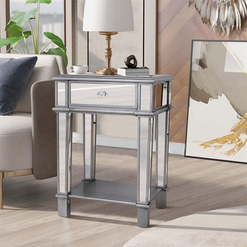 2 Tier Luxury Silver Mirrored Side Table Nightstand w/ Drawer Sofa Side Bedside