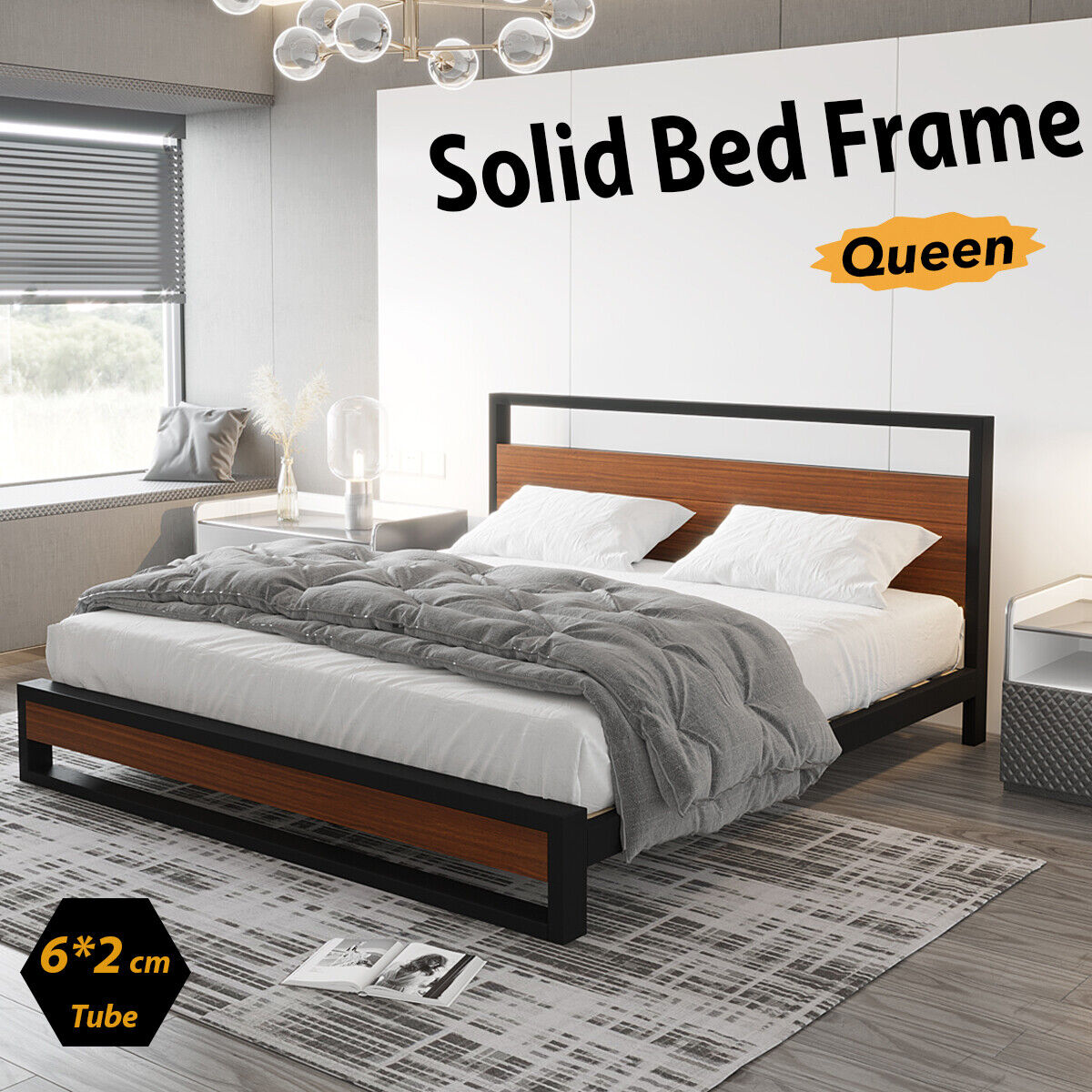 Bed Frame Metal Wood Queen Size Mattress Base Platform Supper Strong