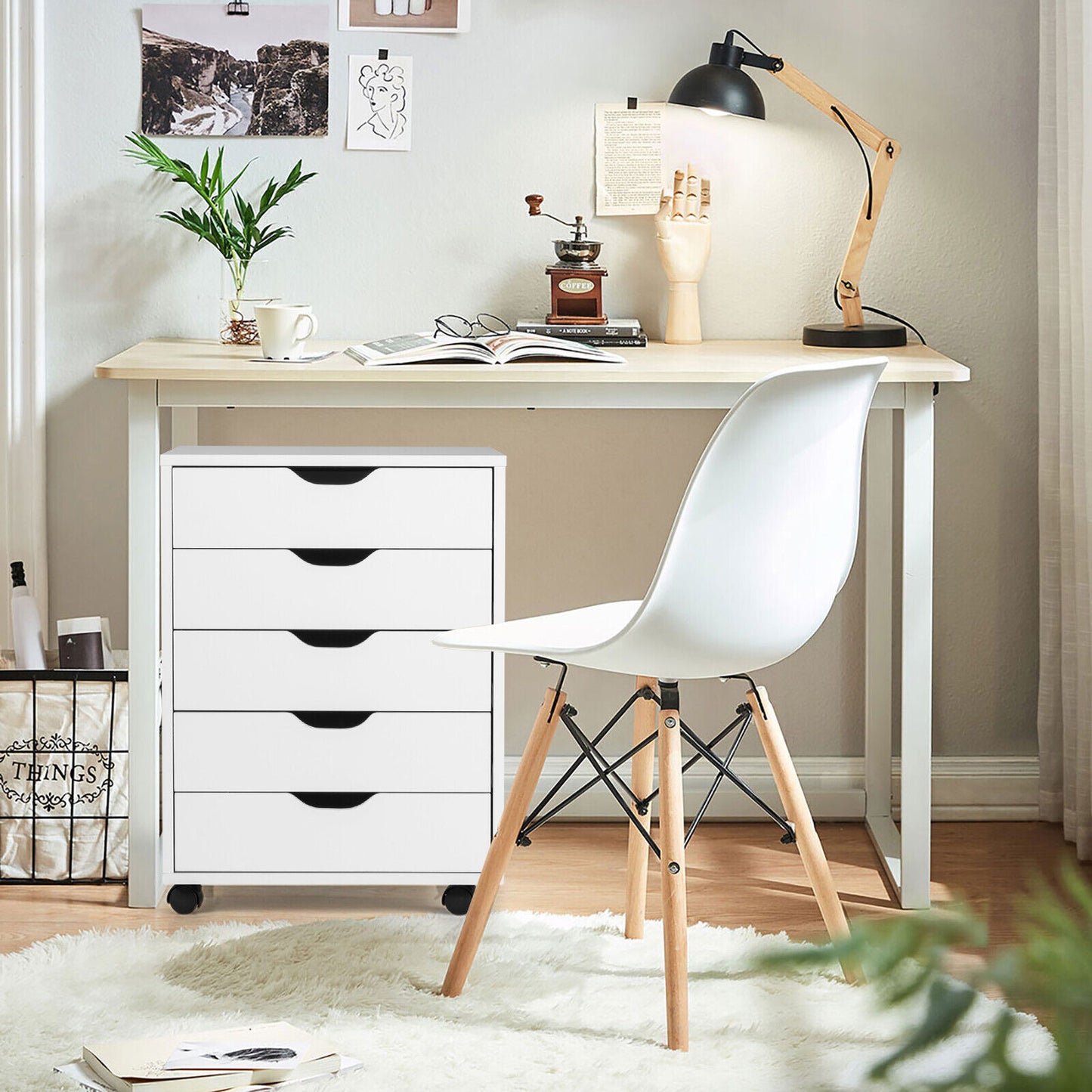 Filing Cabinet 5 Chest of Drawers Rolling Storage Cabinet Printer Stand White