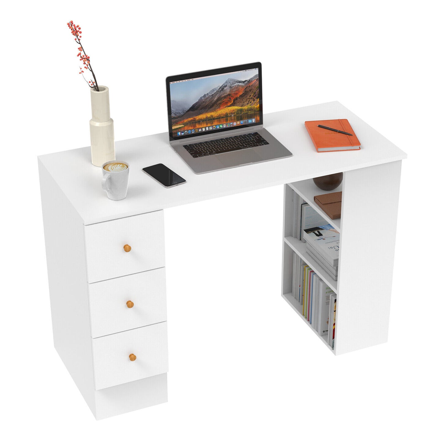 White computer desk with 3 drawers and shelves