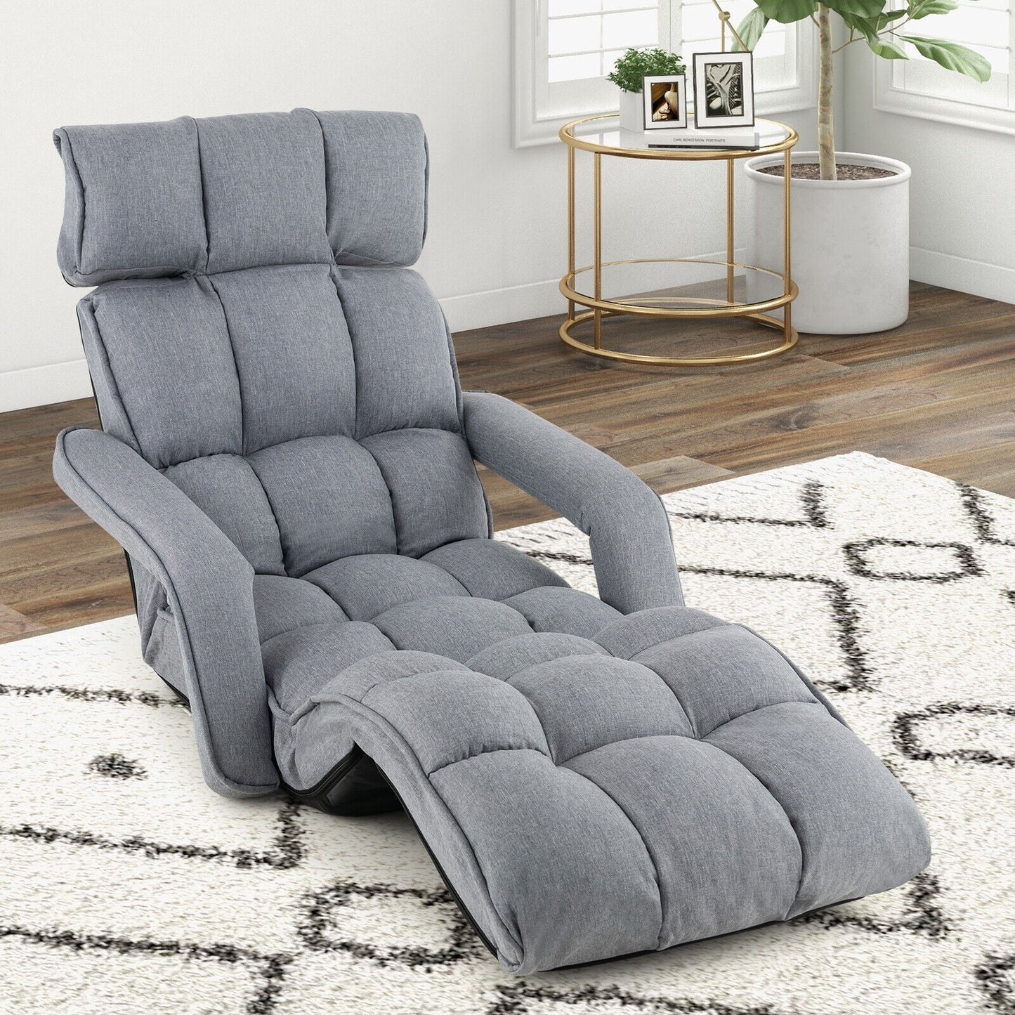 Foldable Lazy Sofa Indoor Chaise Lounger w/ 6 Adjustable Positions Gray