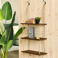 3Tier Distressed Wood Swing Storage Shelve Jute Rope Wall Hanging Organizer Rack