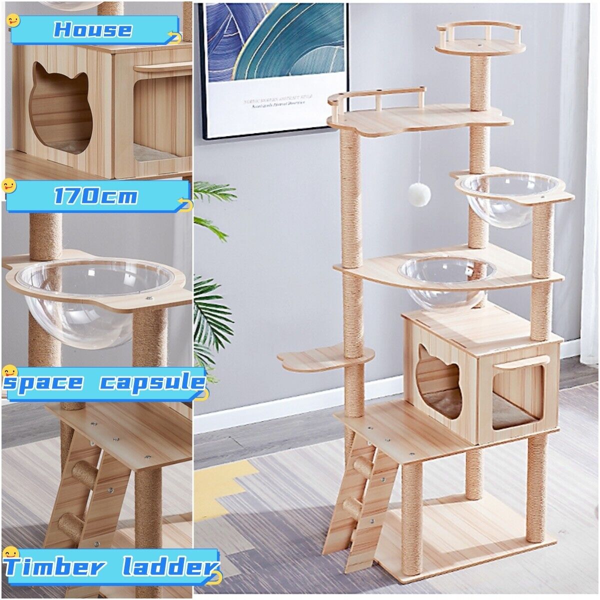 170cm Wooden Cat Tree Tower Scratching Post Scratcher Cats Condo House Bed