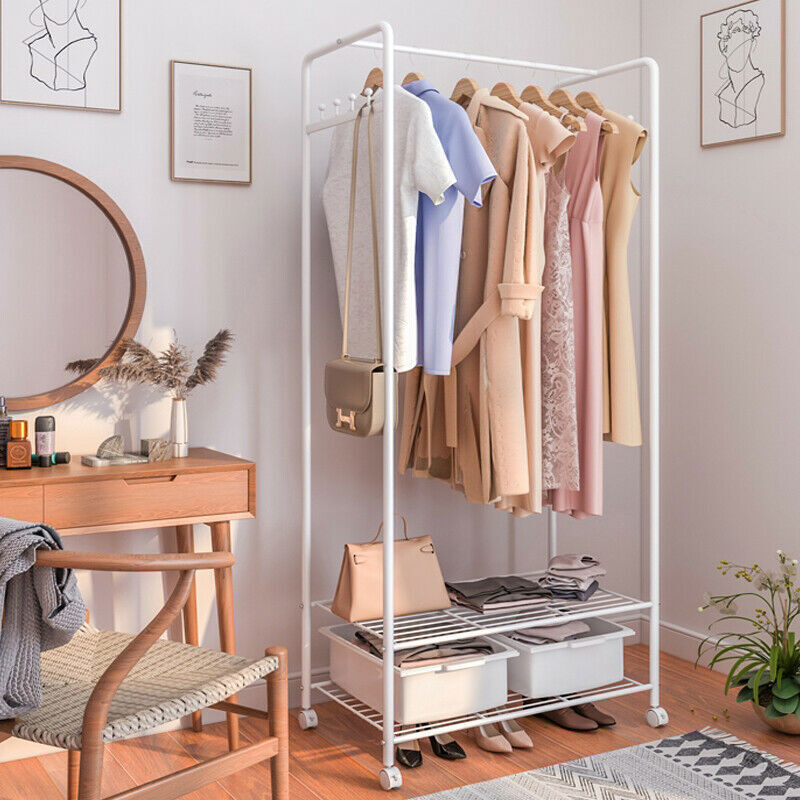 Organize in Style Portable Closet Wardrobe with Freestanding Garment Rack and 2 Shelves on Wheels