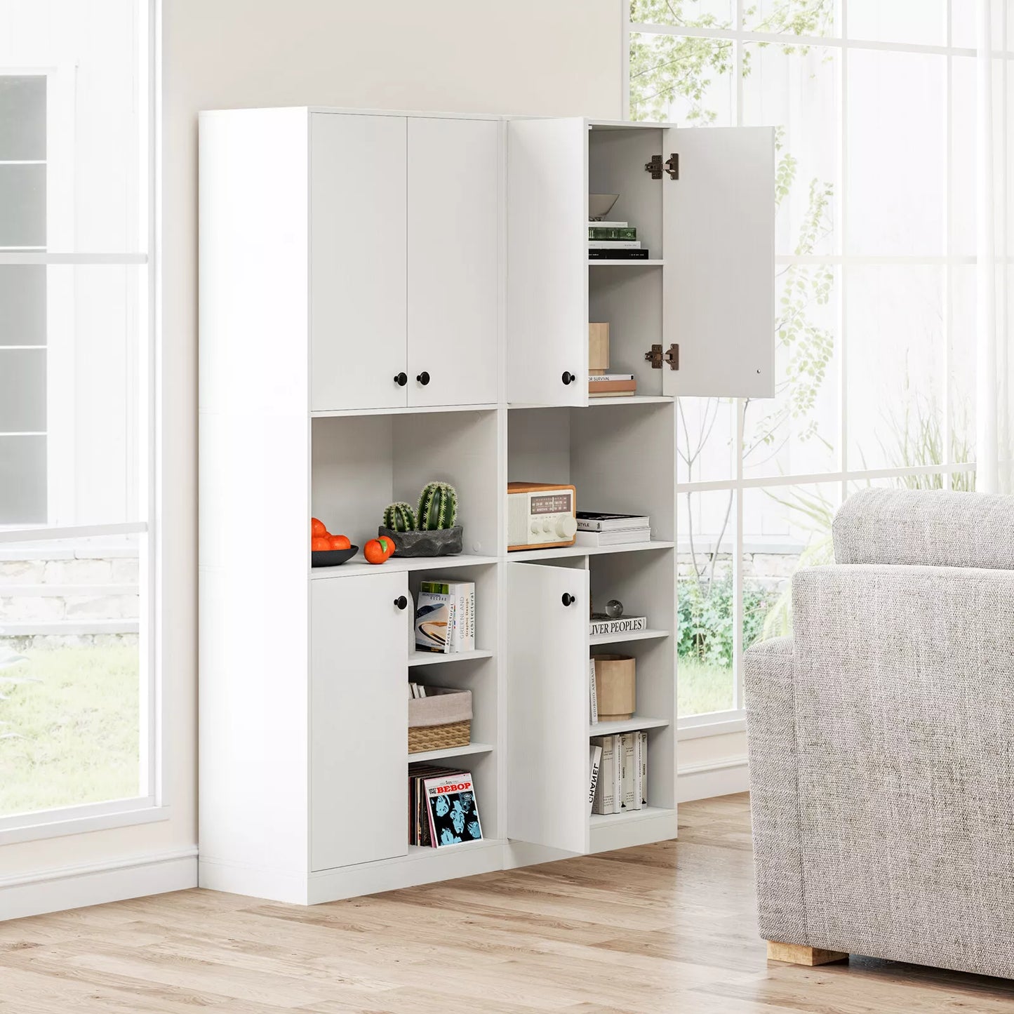 166cm Tall Modern Kitchen Pantry Cabinet with Hutch & Open Shelves