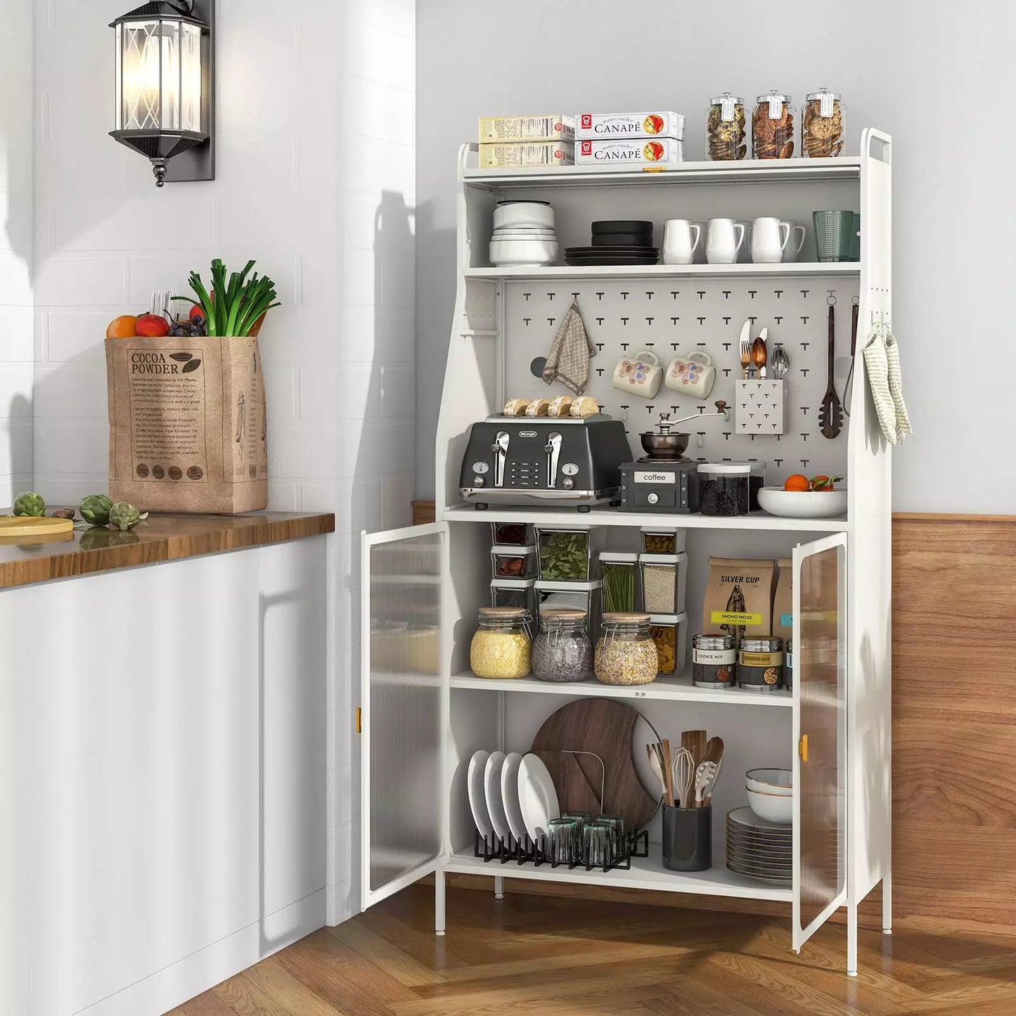 5-Tier Metal Baker's Rack with Pantry Cabinet and Flip-Up Door