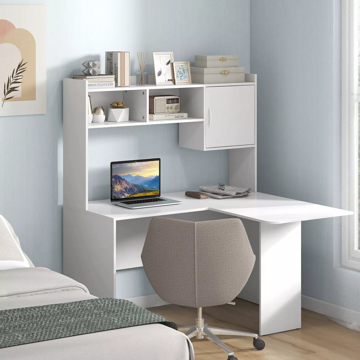 Modern L-Shaped Corner Desk – Space-Saving Writing and Computer Desk for Home Office – White