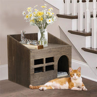 Double Tier Wooden Cat Litter Box Cat Cave Bed Pet House Nightstand In/Outdoor