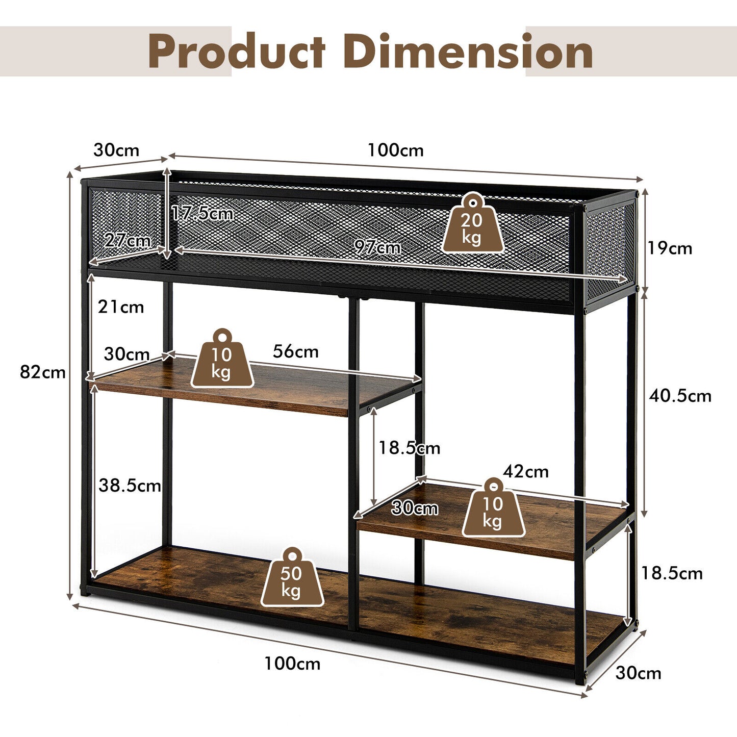 Console Table 4-Tier Sofa Side Hallway Table Industrial Shelf Kitchen