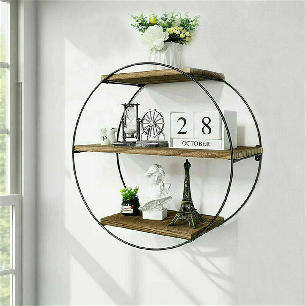 Vintage Round Wall Shelves Unit Industrial Metal Floating Shelf Storage Rack Dec