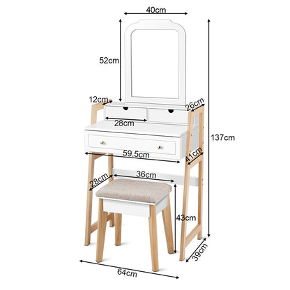 Makeup Vanity Table w/ 3 Drawers & Mirror Cushioned Stool CosmeticSet