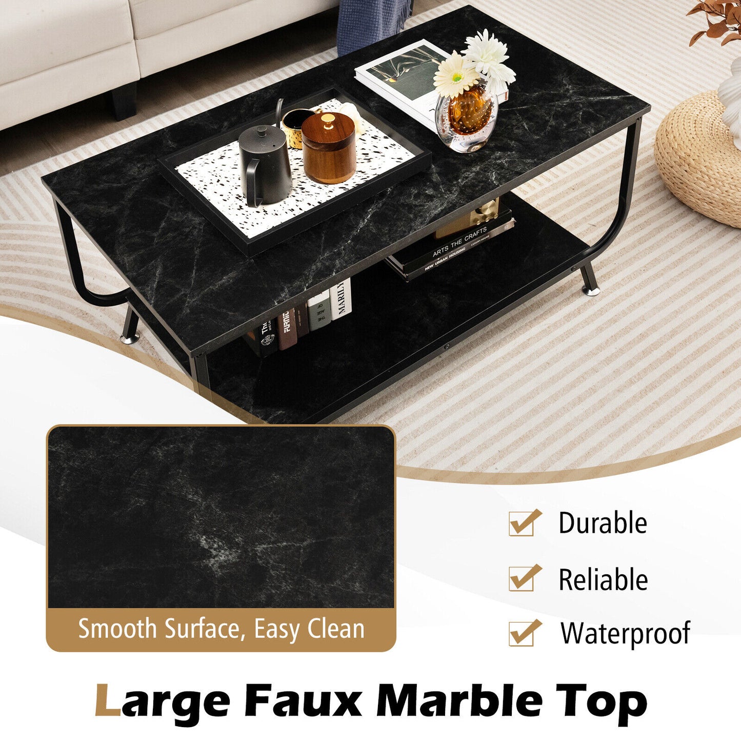 Coffee Table Faux Mable Tabletop 2-Tier Storage Shelf Modern Black