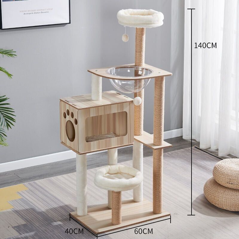 140cm Wooden Cat Tree Tower Scratching Post Scratcher Cats Condo House Bed