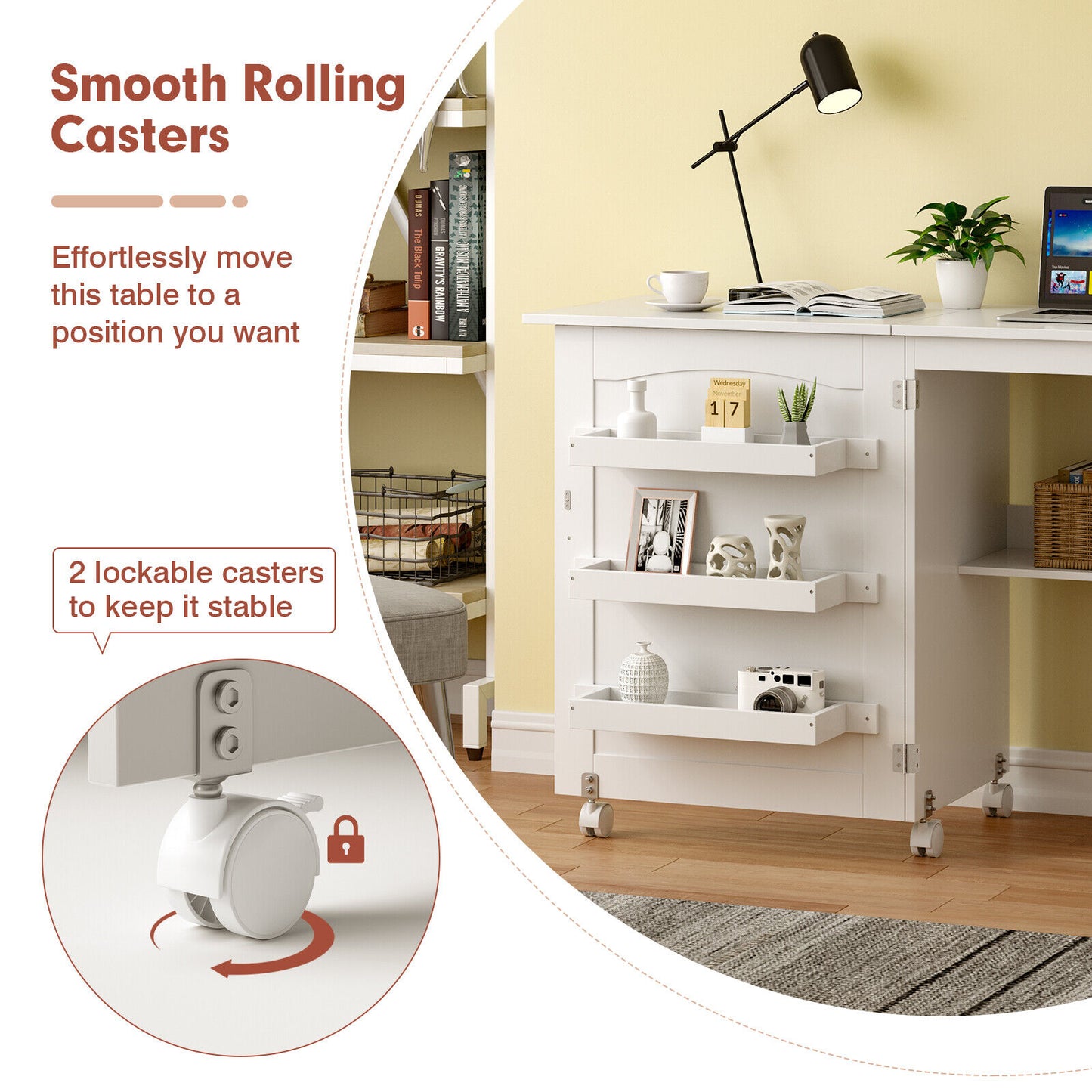 White Folding Sewing Craft Table Shelves Storage Cabinet Home Furniture W/Wheels