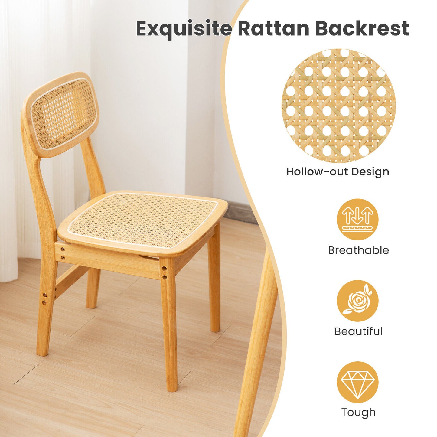 Rattan Dining Chairs Set of 2 Kitchen Dining Chairs w/ Simulated Rattan Backrest