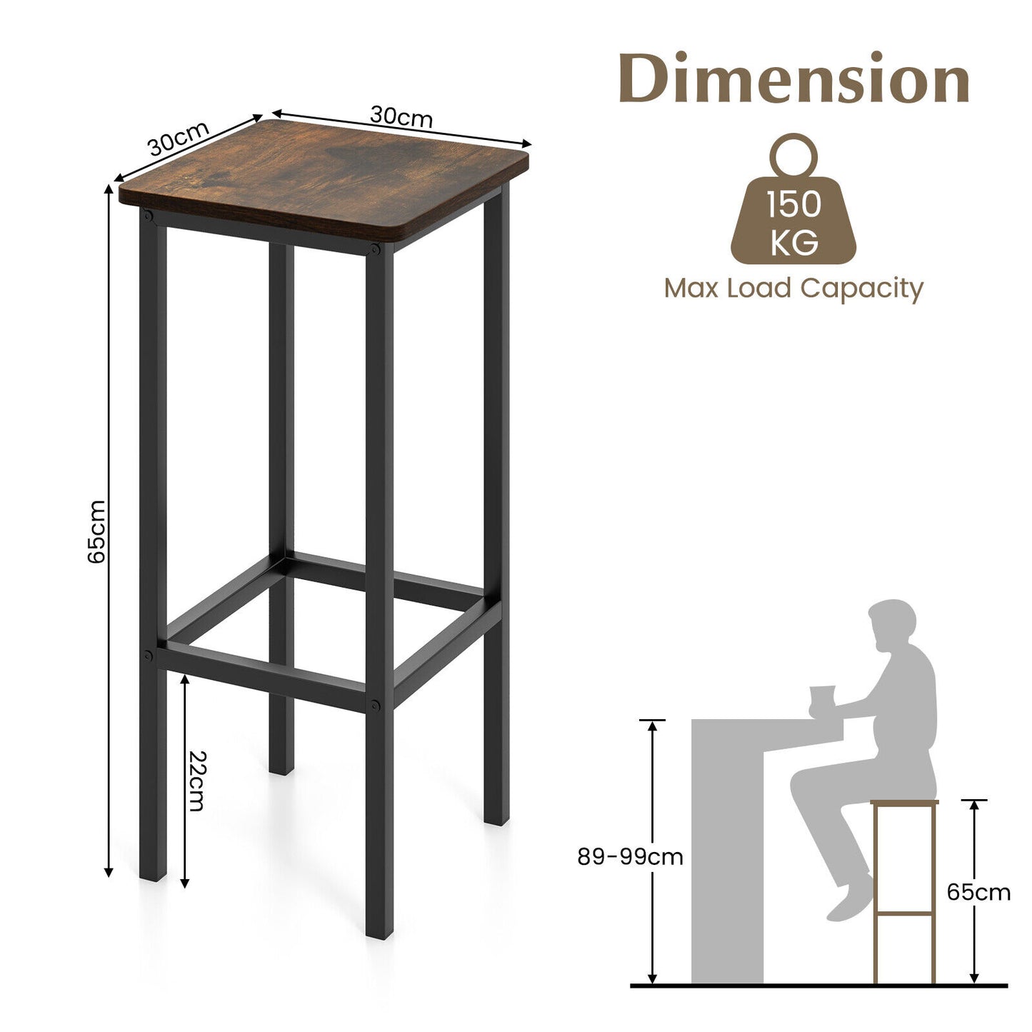 Industrial Set of 4 Bar Stools 65cm Bar Chair with Metal Legs & Footrest