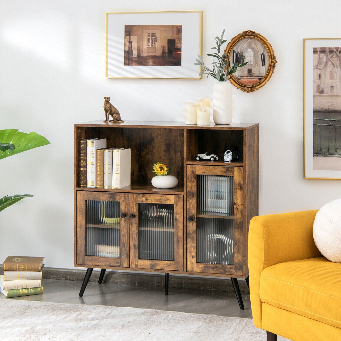 Buffet Sideboard Kitchen Storage Cabinet Wood Cupboard Glass Doors Rustic Brown