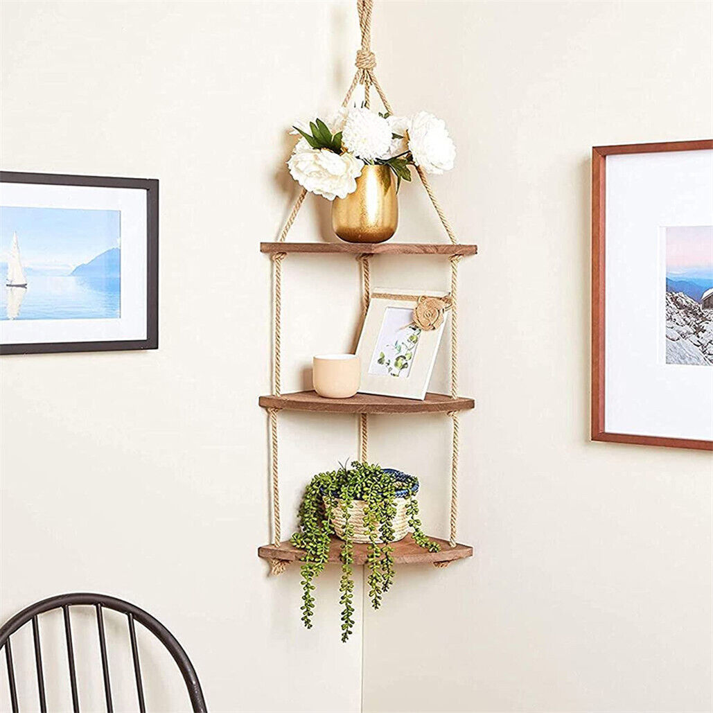 Hanging Corner Shelf 3 Tier Rustic Wood Floating Organizer Displays Storage Rack