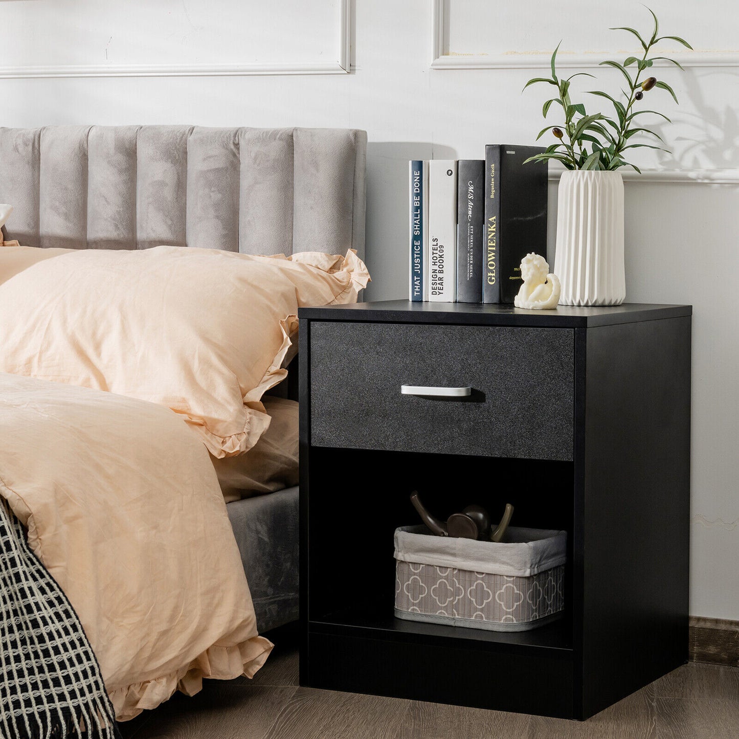 Nightstand with Drawer Storage Cabinet Modern Beside End Table Black