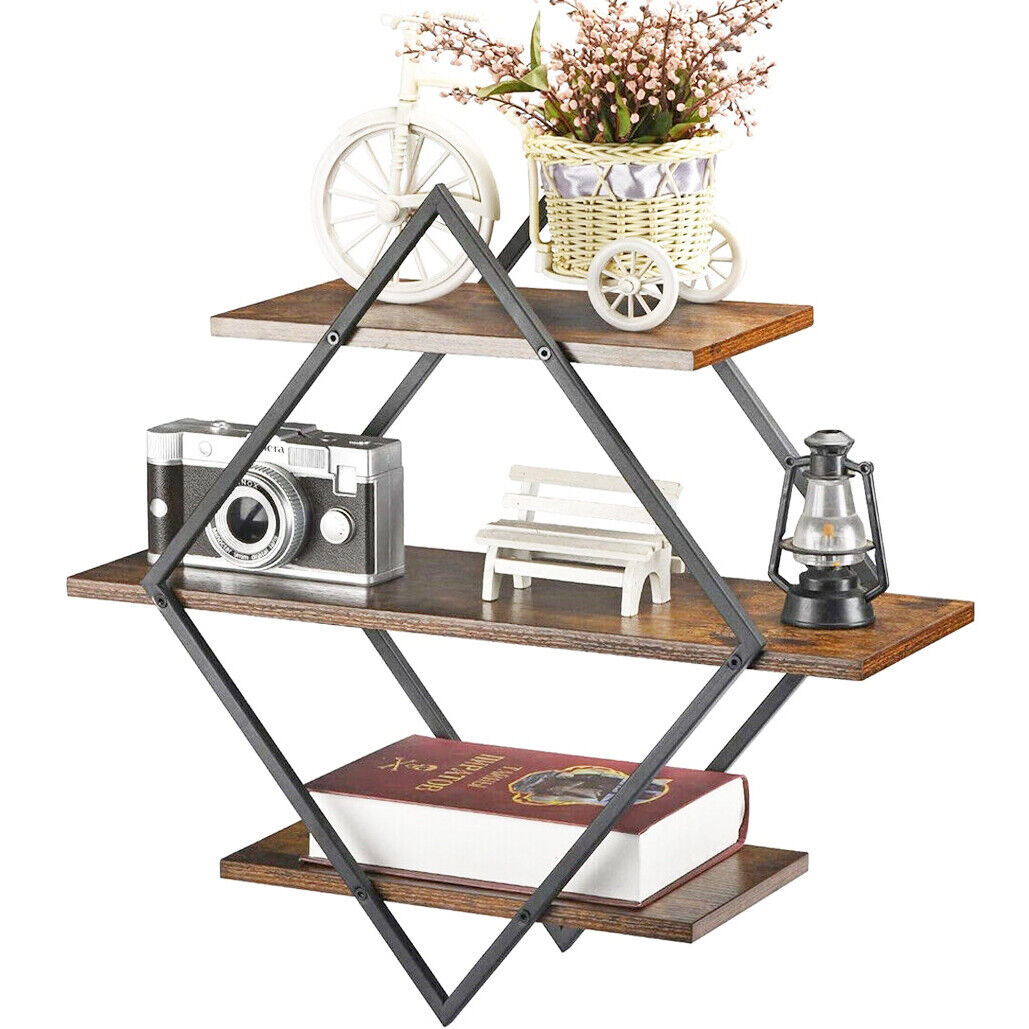 3 Tier Diamond Solid Metal Storage Shelves Wall Hanging Floating Display Shelf