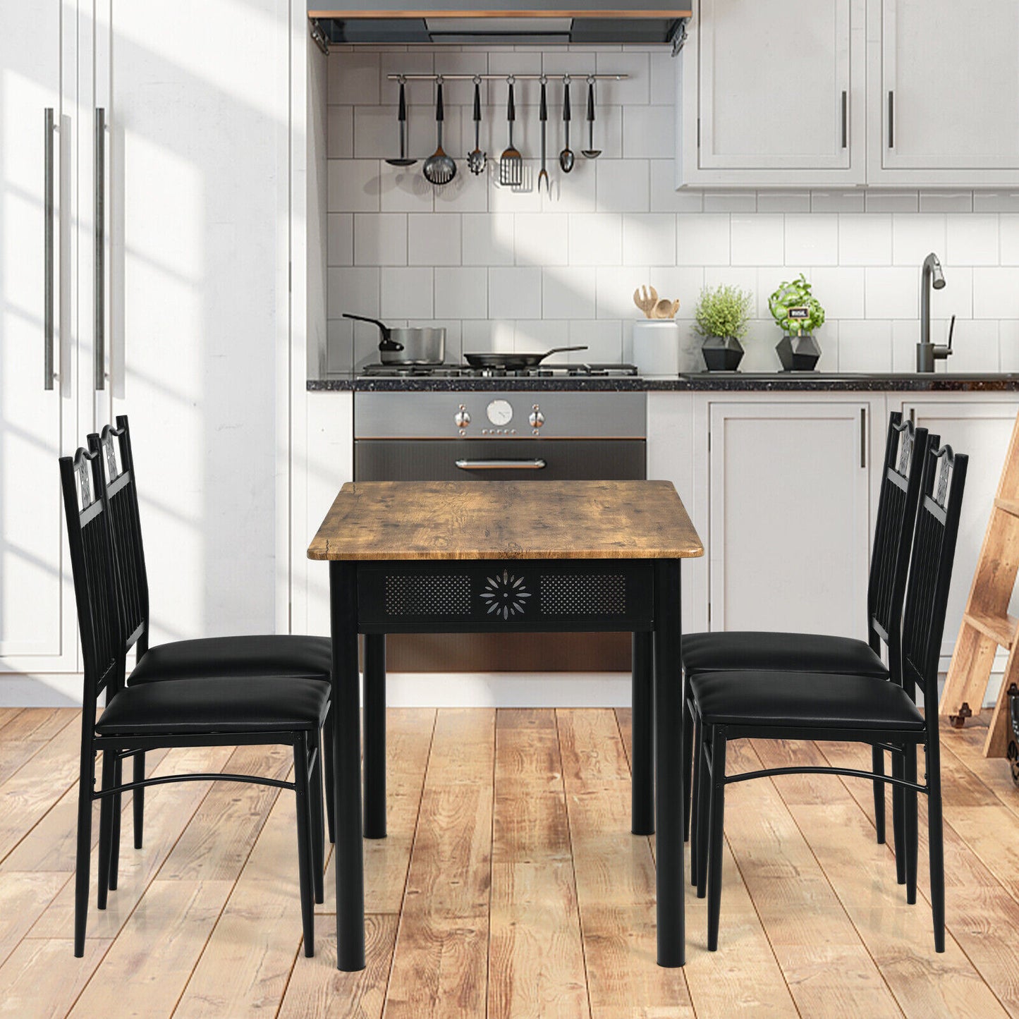 5Pcs Dining Table Set w/ 4 Padded Chairs Metal Frame Kitchen Cafe Rustic