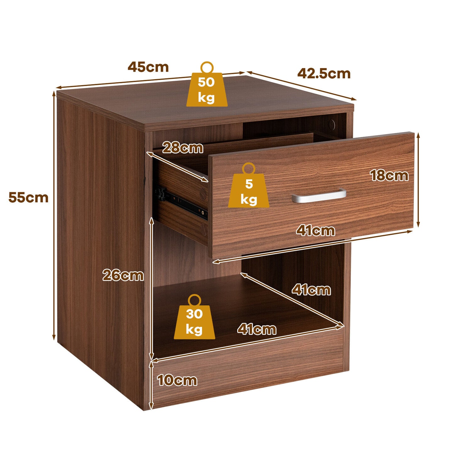 2PCS Nightstand with Drawer Storage Cabinet Modern Beside Table Brown