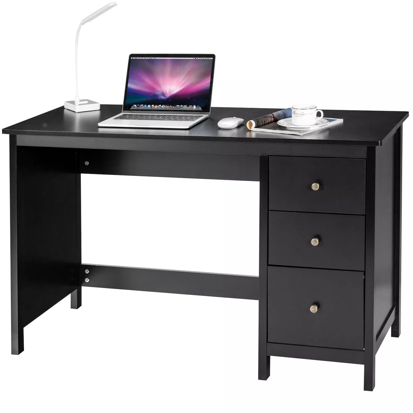 Modern Black Computer Desk with 3 Drawers – Study, Writing, and Home Office Workstation