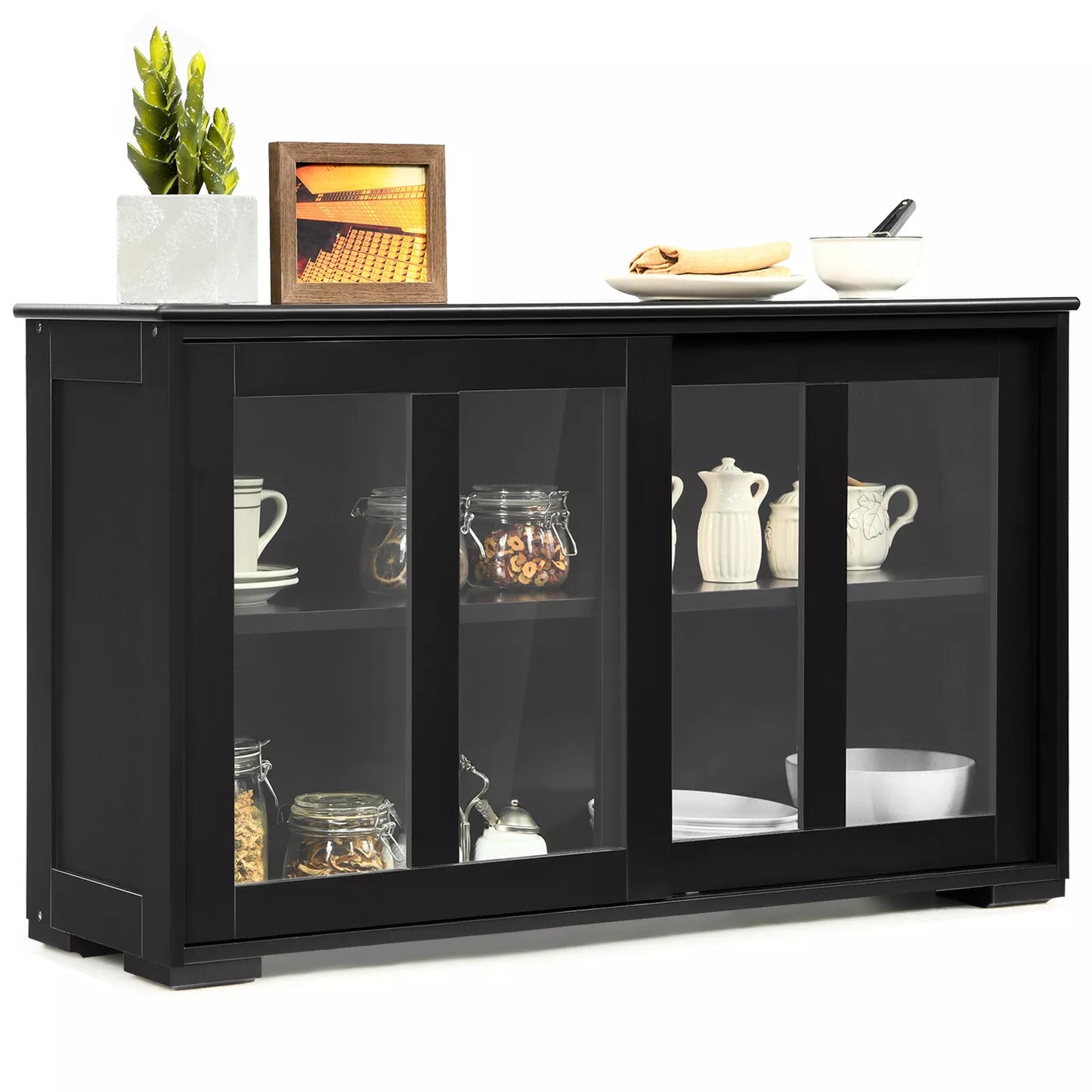 Black Kitchen Buffet Cabinet – Sideboard with Storage Shelves and Doors