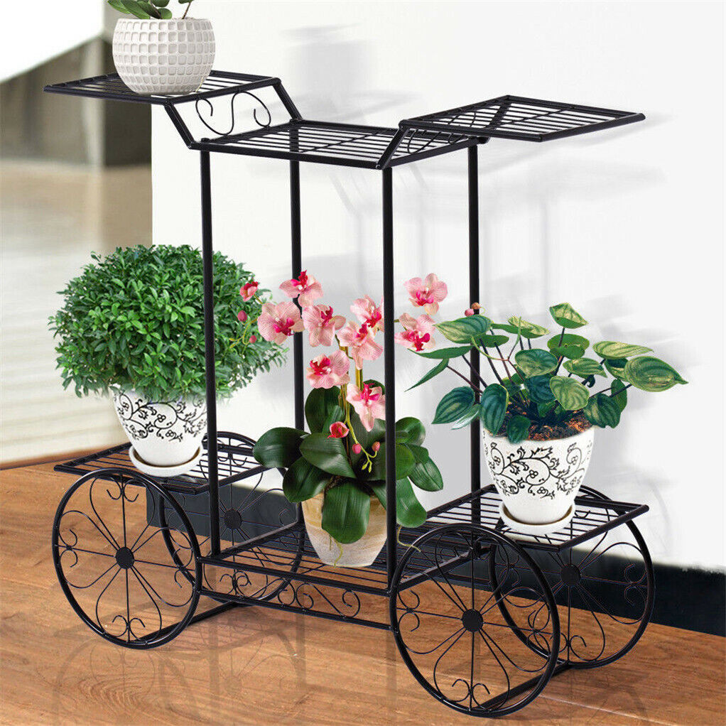 Outdoor Indoor Pot Plant Stand Garden Decor Flower Rack Wrought Iron 4 Wheeler