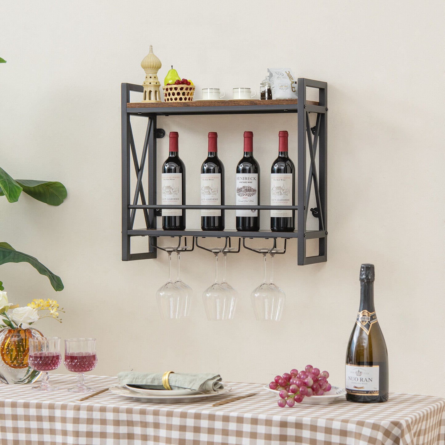 Rustic brown wall Mounted 2-Tier Wine Shelf