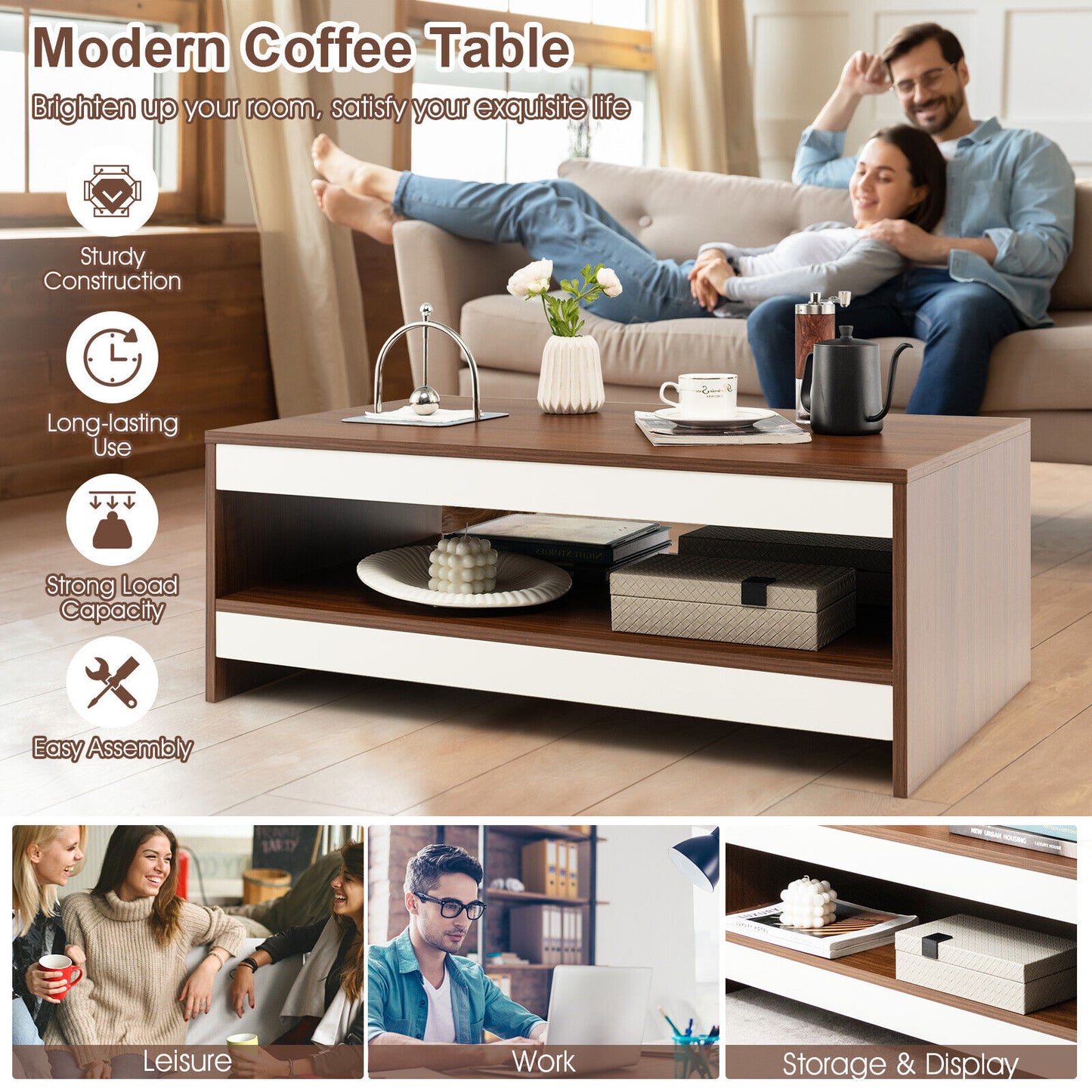 Coffee Table Wood 2-Tier Rectangular Coffee Table W/Storage Shelf Living Room