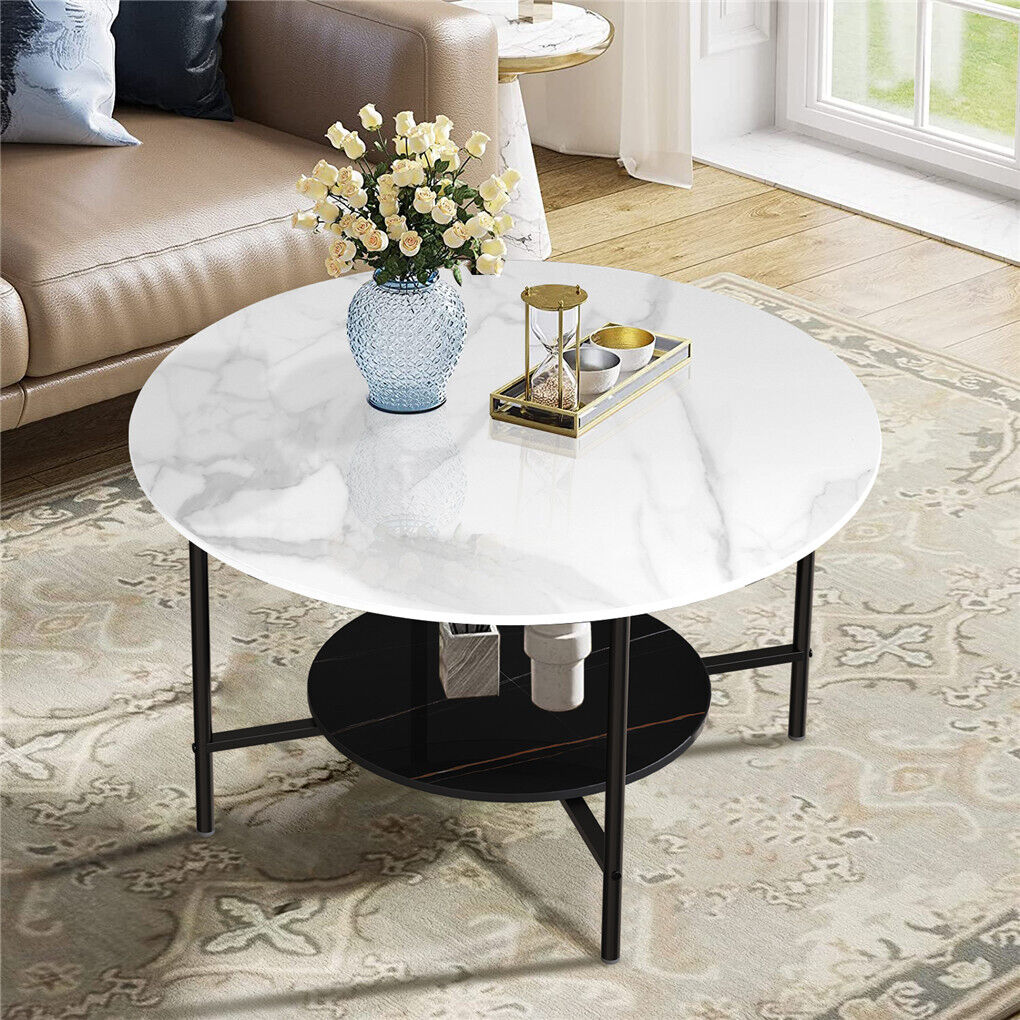 White Real Marble Round Coffee Table w/ Open Storage Modern Living Accent Table