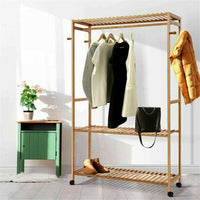 165cm Mildrew-proof Bamboo Clothes Shelves Stand On Wheels Coat Shoes Bags Rack