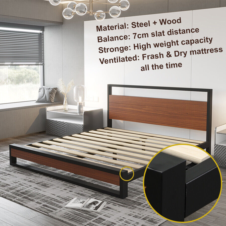 Bed Frame Metal Wood Queen Size Mattress Base Platform Supper Strong