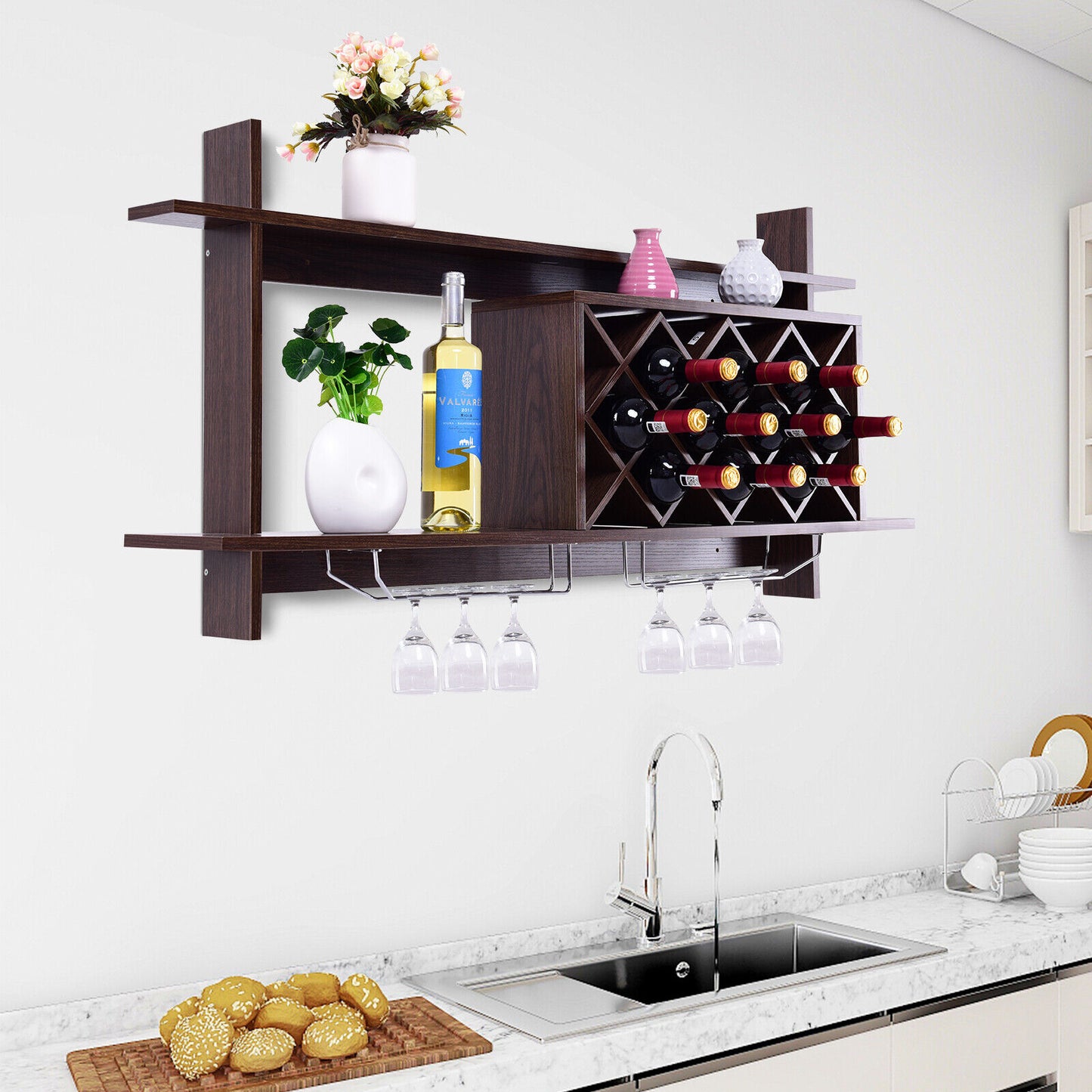 Wall-mounted Wine Rack Bottle Glass Holder Wine Storage Shelf