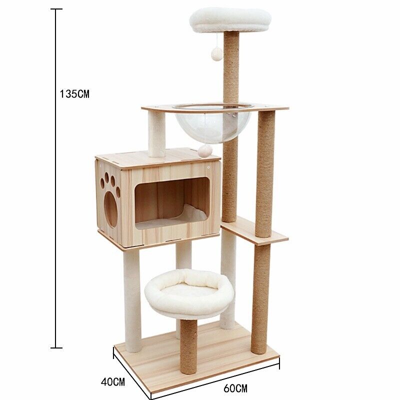 140cm Wooden Cat Tree Tower Scratching Post Scratcher Cats Condo House Bed