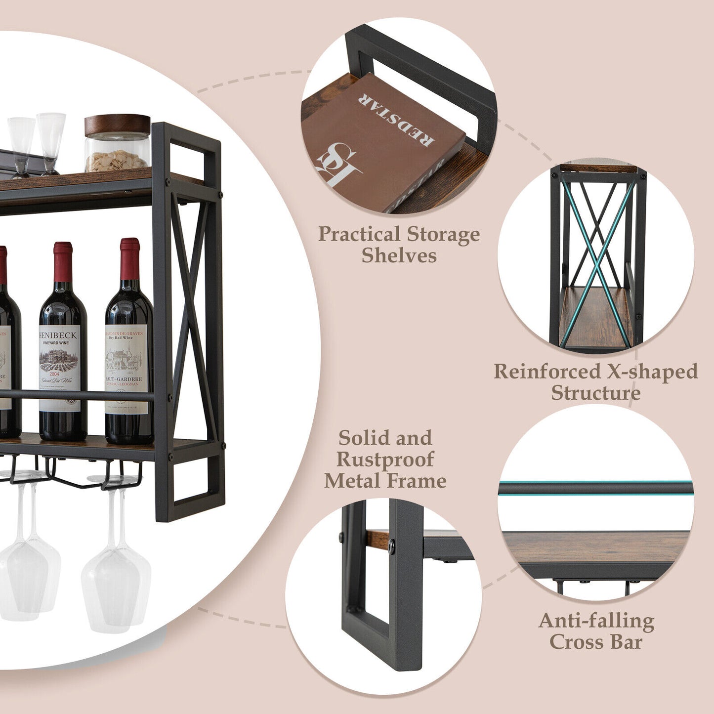 Industrial Wall Mounted Wine Rack, 2-Tier Wine Shelf, Rustic Brown
