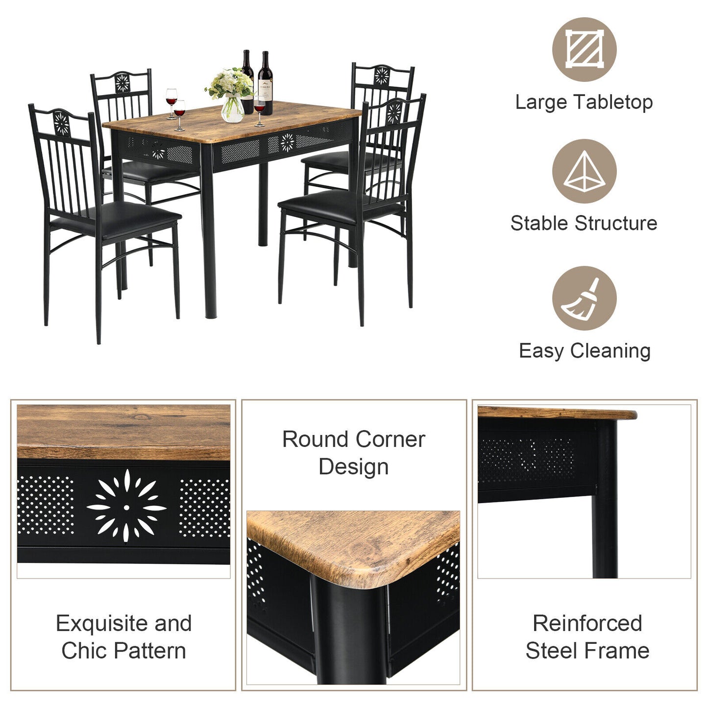 5Pcs Dining Table Set w/ 4 Padded Chairs Metal Frame Kitchen Cafe Rustic